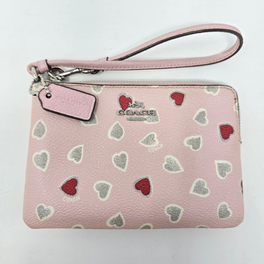 Coach Pink Heart Print Pebbled Leather Wristlet Zip Top Wallet Silver Logo